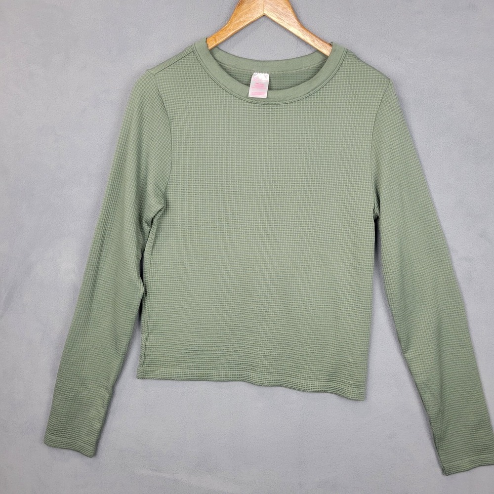 No Boundaries Shirt Women's 2XL Green Nylon Waffle‎ Knit Long Sleeve Pullover
